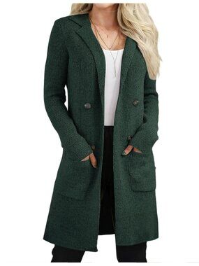 Women's Army Green Long Knit Coatigan Open Front Cardigan Button Pocket Sweater